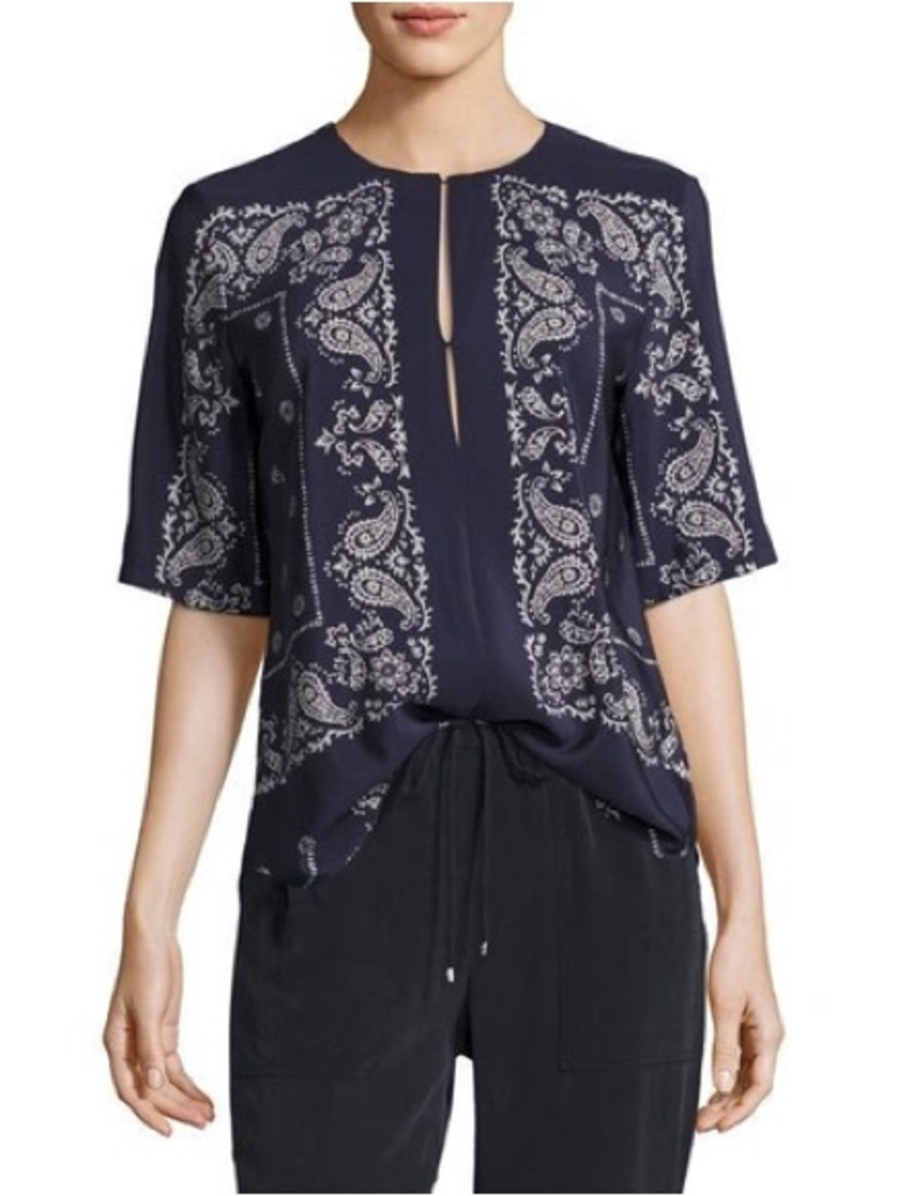 Theory Antazie Bandana Tile Paisley Print Navy Ivory Silk Short Sleeve Top